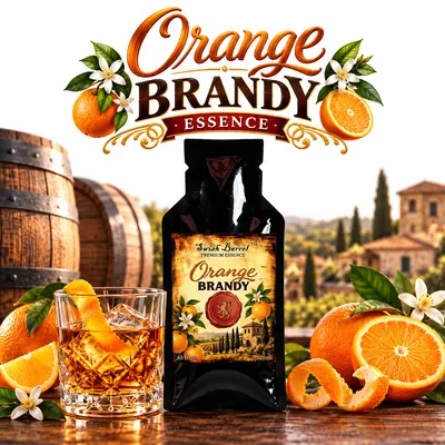 Orange Brandy Essence packet with a glass of amber brandy, fresh oranges, orange blossoms and oak barrels against a warm Mediterranean-style countryside backdrop.