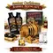 Caribbean rum aging barrel kit with oak barrel, amber rum essence packets, glass of rum, and Bootlegger’s Bible guide.
