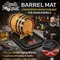 Devil’s Footprint Barrel Mat hero image showing oak aging barrel dripping whiskey onto waterproof spill tray that protects countertops from alcohol stains and leaks.