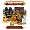 Small Batch Straight Bourbon Whiskey aging barrel kit with premium essence, glass of bourbon, corn and grain background, and Bootlegger’s Bible guide for home whiskey making.
