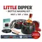 Little Dipper Bottle Waxing Kit with electric wax warmer, aluminum melting pot, red sealing wax beads, stirring sticks, marker, and bourbon bottle being dipped for professional bottle sealing on white background.