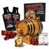 Cherry Bourbon Whiskey Making Kit with oak barrel aging on wooden stand, premium cherry bourbon essence, fresh cherries, glass of whiskey on ice, and complete home infusion accessories.